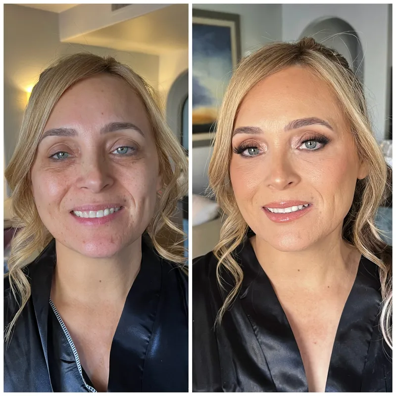 Before and after comparison showing mature skin transformation with soft glam makeup by Makeup by Gatsby.